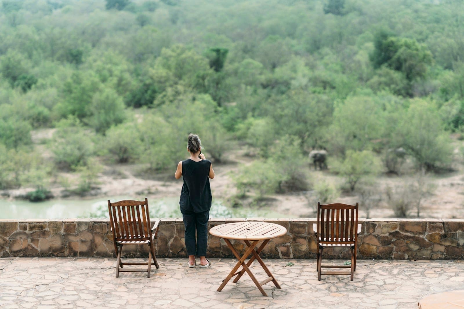 A traveller stands at the stone wall of a lodge terrace beside two wooden chairs, looking out over green bush where an elephant is browsing